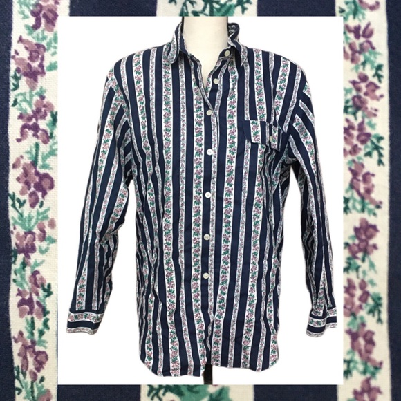 Vintage 90s Cherokee Western Style Floral Stripe Button Up Shirt Blue Purple M - Picture 1 of 10